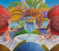 Wolfgang Hutter, Die rothaarigen Mädchen und ihr Traubenglas, 1989, oil on panel; framed