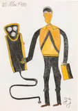 Johann Fischer, Die Männer und die Friseure und die elektrischen Rasierapparate!, 1986, mixed media on paper; framed