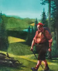 Manfred Deix, Bruno Kreisky hiking, mixed media on paper; framed