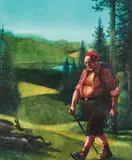 Manfred Deix, Bruno Kreisky hiking, mixed media on paper; framed