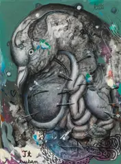 Phogelbird - Taubenichts by Dominik Schmitt, 2017, mixed media on paper on canvas; framed, offered Jun 2018
