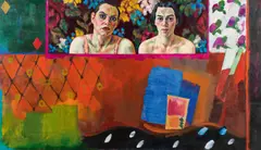 Xenia Hausner, Auf Rosen gebettet, 1999, oil and collage on Masonit-plate; framed