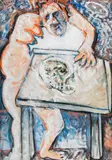 Adolf Frohner, Frau mit Kopf auf dem Tisch, 1988, oil on canvas; framed