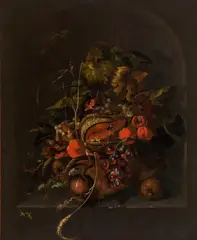 Ernst Stuven, Still life with fruits, vine leaves, ears of corn and insects in a stone niche, oil on canvas