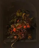 Ernst Stuven, Still life with fruits, vine leaves, ears of corn and insects in a stone niche, oil on canvas