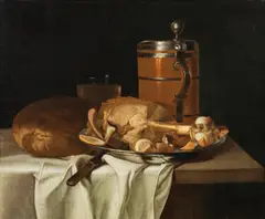 Justus Juncker, Still life with bread, ham, a beer jug and a water glass, c. 1760, oil on canvas