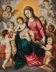 Hendrik van Balen, Madonna with child surrounded by angels handing flowers, oil on copper