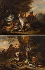 Adriaen de Gryeff, Hunting still lifes (counterparts), oil on panel, parqueted