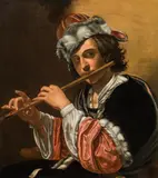 French Caravaggist, The flute player, oil on canvas