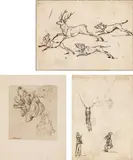 Von Hunden gehetzter Hirsch" & "Drei Hundeköpfe" (2 drawings) by Johann Elias Ridinger, all unframed, sold Apr 2018