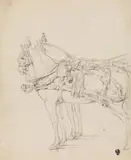 Two magnificently harnessed carriage horses, standing in profile facing to the left by Johann Elias Ridinger, pencil, unframed, in passe-partout, sold Apr 2018