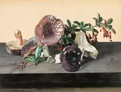 Still life with mushrooms (russulas) by Leopold Zinnögger, gouache on paper, sold Apr 2018