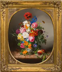 Josef Lauer, Still life with flowers, peaches and butterflies, oil on canvas