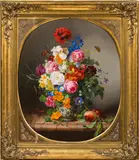 Josef Lauer, Still life with flowers, peaches and butterflies, oil on canvas