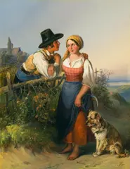 Matthias Ranftl, The rendezvous - a young peasant couple with a dog, 1844, oil on panel