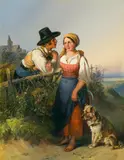 Matthias Ranftl, The rendezvous - a young peasant couple with a dog, 1844, oil on panel