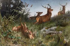 Franz Xaver von Pausinger, Fleeing deer, oil on canvas