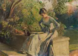 Franz Russ the Younger, Girl reading in a garden ("Auf dem Lande"), 1894, oil on cardboard