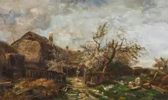 Springtime on the farm (Unterthemenau) by Emil Jakob Schindler, oil on panel, sold Apr 2018