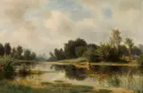 Ludwig Halauska, River landscape with fishing boat, 1874, oil on canvas