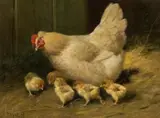 Arthur Heyer, Mother hen and her chickens, oil on canvas
