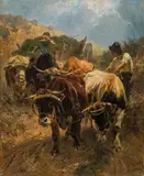 Anton Braith, A bullock cart, oil on canvas, unframed
