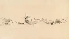Eugen Jettel, Netherlandish landscape with windmill, pencil on paper