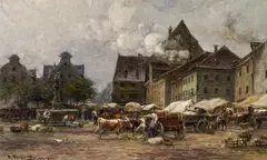 Karl Stuhlmüller, Market day, oil on cardboard