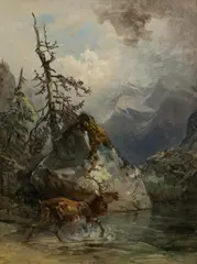 Friedrich Gauermann, Deer on the bank of a mountain lake (oil sketch), oil on paper on cardboard