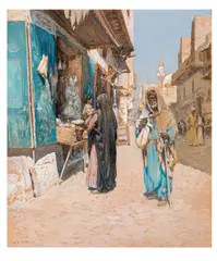 Alphons Leopold Mielich, Oriental street scene, gouache on paper on cardboard