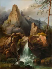 Vinzenz Kreuzer, Mountainscape with a waterfall, 1844, oil on panel