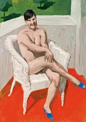 Alfons Walde, Sitting nude with blue shoe, c. 1925, mixed media on cardboard