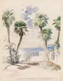 Coast landscape with palms by Ludwig Heinrich Jungnickel, watercolour, chalk on paper, sold Feb 2018