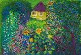 Leopold Birstinger, Gelbes Haus im Garten, ca. 1970-74, oil on press board