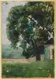 Egon Schiele, Wiese mit großem Baum and Marterl, 1907, oil on canvas, mounted on cardboard