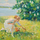 Edward Cucuel, Picking flowers, oil on canvas