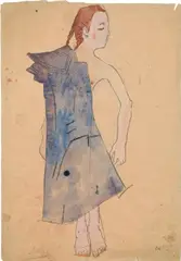 Oskar Kokoschka, Young female nude with a cape, 1907, pencil, watercolour on paper