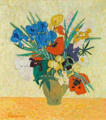 Gerhild Diesner, Vase with poppies and irises, oil on canvas