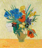 Gerhild Diesner, Vase with poppies and irises, oil on canvas