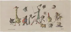 Absurde Figuren by Paul Flora, 2005, India ink, colour pencil on grey paper, sold Dec 2017