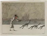 Paul Flora, Monsieur Corbeau mit drei Katzen, 1999, India ink, colour pencil on grey paper