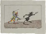 Paul Flora, Kasperl und der Teufel, India ink, colour pencil on grey paper