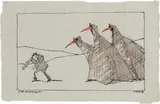 Paul Flora, Ein Alptraum, India ink, colour pencil on grey paper