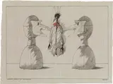 Paul Flora, Monsieur Corbeau und zwei Masken, 1999, India ink, colour pencil on grey paper