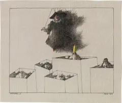 Potpourri II by Paul Flora, 2002, India ink, colour pencil on grey paper, sold Dec 2017
