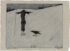 Scheuche, winterlich by Paul Flora, 1999, India ink, colour pencil on grey paper, sold Dec 2017
