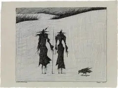 Scheuchenpaar by Paul Flora, 2002, India ink, colour pencil on grey paper, sold Dec 2017