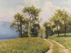 Oswald Grill, Landscape in spring at the lake Attersee, 1943, oil on canvas