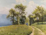 Oswald Grill, Landscape in spring at the lake Attersee, 1943, oil on canvas