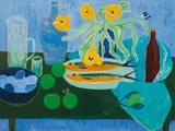 Gerhild Diesner, Still life with two fishes and yellow tulips, 1960, oil on canvas